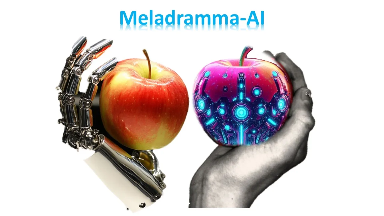 Meladramma-AI production key art: a chrome robotic hand and a human hand each holding an apple, one natural and one rendered as glowing circuitry